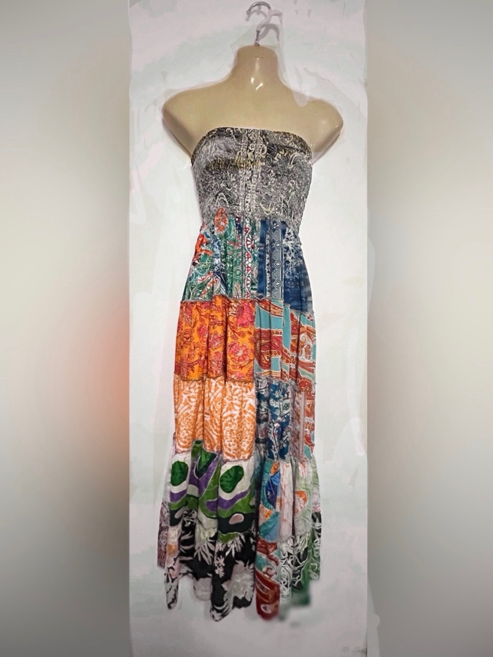 Boho Patchwork Maxi Dress in Teal, Orange, Navy & Green